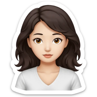 iOS style emoji. A girl with very long dark brown wavy hair. And the eyes color is dark brown. And she is wearing white t shirt with V kneck. And she is 30. She is Asian with double eyelids  sticker