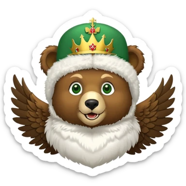 Sweet brown bear face with green eyes, white fluffy ushanka hat with Russian coat of arms showing golden eagle with spread wings, crowns, scepter, orb, and St. George shield, iOS emoji style sticker