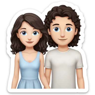 white girl, dark brown long slightly curly hair , skinni but with big breast , septum piercing on nose, beautiful dark gray-blue eyes, in white dress , boy dark brown eyes , light white skin , tall , skinny , light brown mid haircut ,  sticker