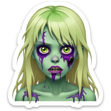 undead zombie girl with rotting green skin, purple bruises, messy long blonde hair with bangs, cracked lips sticker