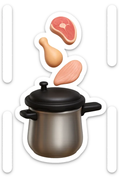 emoji stile iphone in 3d di una pentola a pressione dentro cui cadono agnello, pollo e tacchino crudi da cuocere, iperrealistico 4k sticker
