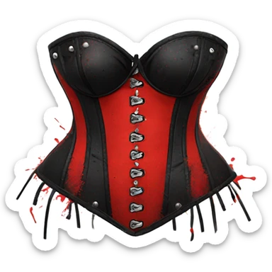 Red and black corset top with bikini bottom splattered with white paint on the corset sticker