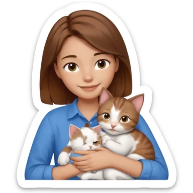 Create an emoji that has a girl wearing a blue shirt and brown hair snuggling a kitten. Smiling sticker