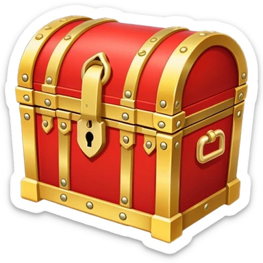 A bright red treasure chest from an RPG game with gold trim and a lock sticker