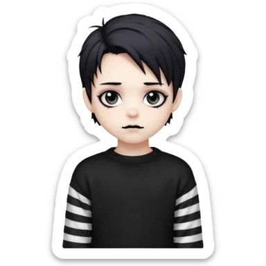 Goth boy, chibi style, oversized sweater, striped sleeves, cute sticker