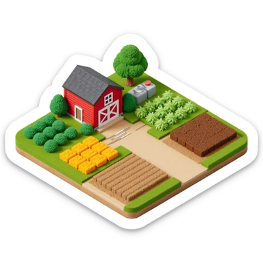 Exterior of a large cartoon-style farm with a red barn in the background, multiple crop fields, visible irrigation pipes and steam vents sticker