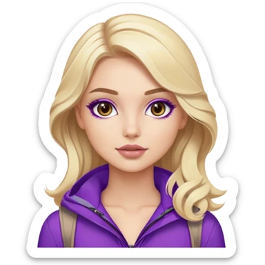 Luxury blonde model, brown eyes, luxury makeup, sleek wavy beige-blonde hair, purple hiking outfit sticker