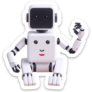 Cute desk companion bot — small cube-shaped AI assistant with articulated arms, sitting on a desk with books and coffee. sticker