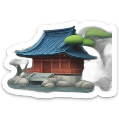 A lakeside island with a shinto gate and small Japanese house with a blue tiled r sticker