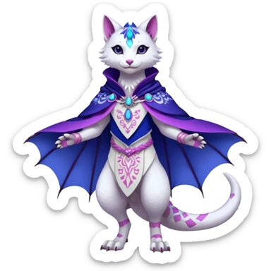 Kawaii white, indigo, purple, pink cute beautiful pretty elegant divine edgy feline-vernid-sergal-Haku-dragon-fursona-animal-creature, full body, with intricate detailed markings, Embroidered capelet, silken shawl sticker