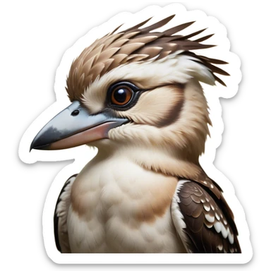 Cinematic Noble Kookaburra Portrait Emoji, Poised and regal, with a stout, robust build and a striking plumage of earthy browns and creams, a strong beak and deep-set soulful eyes, Simplified yet sharp and sophisticated features, highly detailed, glowing with a soft, dignified glow, high shine, intelligent and exuberant, stylized with an air of native woodland majesty, focused and attentive, soft glowing outline, capturing the essence of a watchful and confident bird, so majestic it feels as though it could laugh out of the screen with effortless authority! sticker