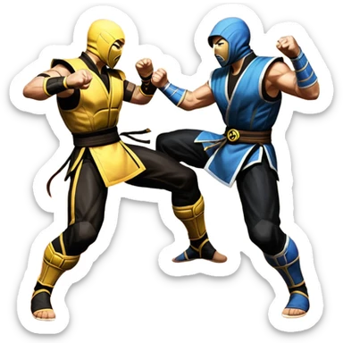 An icon showing two fighters in dynamic combat poses, inspired by Mortal Kombat. One character delivers a powerful kick, while the other blocks or counters. The background features a dark arena with glowing effects, symbolizing intense battles. Transparent background. sticker