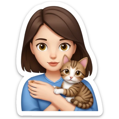 brunette girl holding her pet tabby cat  sticker