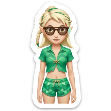 elf female legolas portrait, patterned board shorts (geometric/abstract), unique wooden-framed sunglasses, undercut hairstyle, slight smirk, visible pointy ears, no background, centered emoji, hipster summer vibe coctails  sticker
