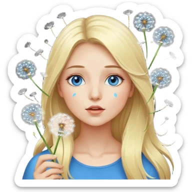 portrait woman long blonde hair blue eyes white skin blowing glowing dandelion seeds sticker