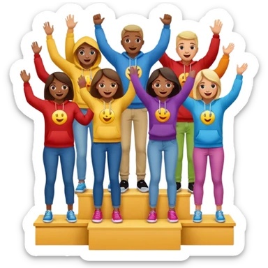 multi-racial group on a winners’ podium with middle step higher, no numbers on podium, wearing colorful jeans t-shirts and hoodies, excited fun expressive emoji style sticker