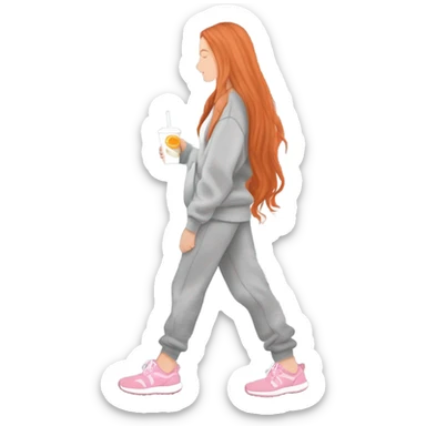 beautiful fair skin red orange long hair white girl light grey big sweatpants light grey big hoodie cozy Ugg shoes beautiful girly full body walking headphones side profile with a pink straw drink holding shopping bags sleepy cozy sticker