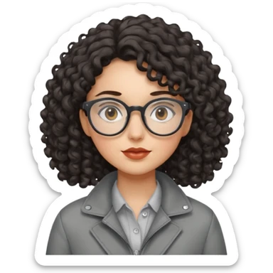 girl with dark curly hair, glasses and a gray jacket sticker