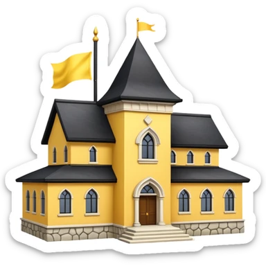 simple magic school, low detail, white background, magic school, black roof, with a big flag, big flag on a roof, big yellow flag, white school sticker