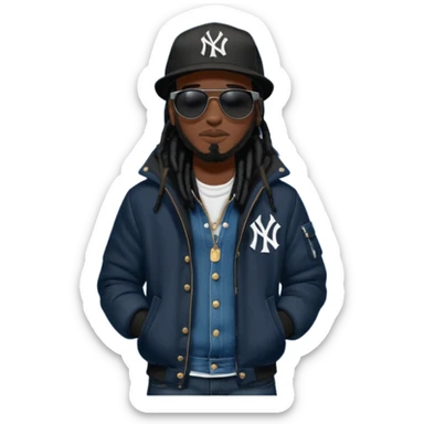 African American man with shoulder length black dreadlocks and black sunglasses wearing a black New York Yankees baseball hat wearing a black bubble winter coat with denim skinny jeans and timberland boots wearing headphones sticker