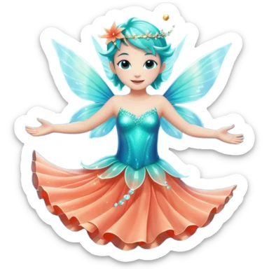 portrait of a small ocean fairy with translucent fins for wings, turquoise skin, coral-like dress, floating above water with sparkles around, joyful pose, front-facing, magical vibe sticker