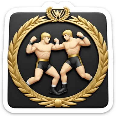 An icon symbolizing wrestling combat sports in the style of an emblem. The design features two wrestlers locked in a powerful grapple, one attempting to take the other down. Surrounding the scene are stylized elements like a championship belt, wrestling mat, and a laurel wreath.  sticker