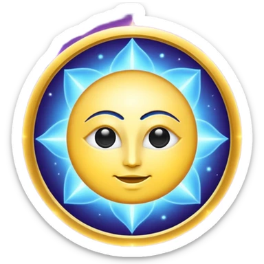 Create a minimal glowing emoji symbol of pure consciousness (Chetna) and formless God. Abstract divine energy, radiant light, infinity aura, cosmic spiritual vibe. No human form. Golden, blue, violet glow. Clean modern emoji style. sticker