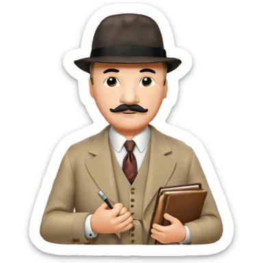 A cinematic-style frame showing Hercule Poirot in his iconic suit with a notebook in a dramatic detective pose. Background should be mysterious city, map, a board with photos of suspects, clues like fingerprints. Transparent background. sticker