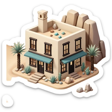 Isometric exterior little black, beige, and white southwestern desert rock and gem shop, dollhouse style 3D realistic  sticker