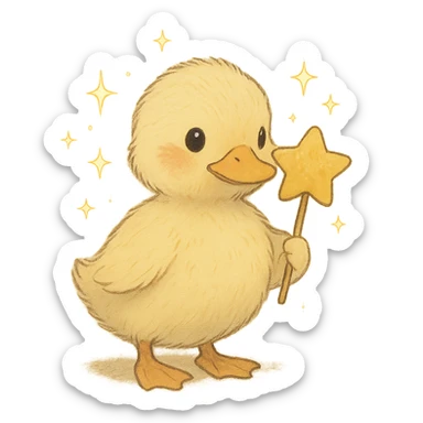 duckling with a star-shaped lollipop, surrounded by sparkles, soft Ghibli style sticker
