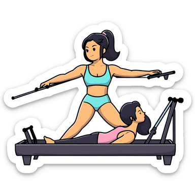 woman with bra, tanned long black hair, doing Pilates reformer sticker