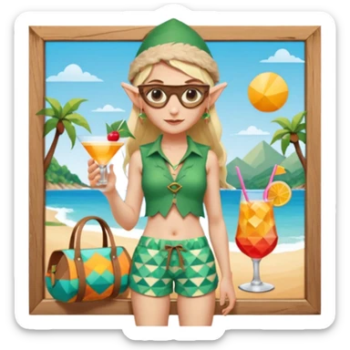 elf female legolas portrait, patterned board shorts (geometric/abstract), unique wooden-framed sunglasses, undercut hairstyle, slight smirk, visible pointy ears, no background, centered emoji, hipster summer vibe coctails with summer hat sticker