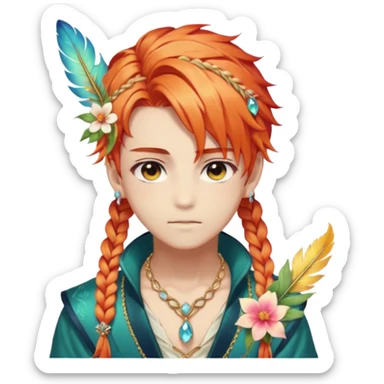 Beautiful gorgeous anime boy with beautiful fiery-special-braided-hair, fashion aesthetic, ethereal, fairycore, pastelcore, feather, flower, gems, accessories, jewelries, gold, colorful sticker