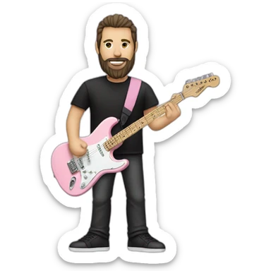 white man with dark beard and black t shirt and pastel pink stratocaster electric guitar sticker