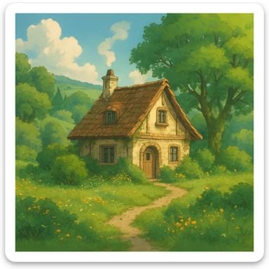 cozy cottage in a lush landscape with gentle lighting in ghibli style sticker
