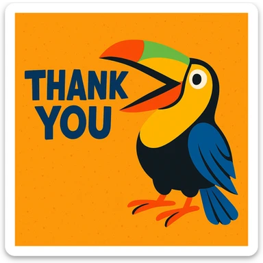 cheerful toucan in vivid colors beak open as if speaking with words 'thank you' in fun font sticker