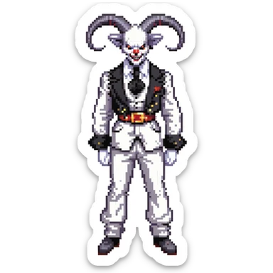 full-body demonic clown in black and white leisure suit with bellbottom pants, bald, black ram horns, flashy black and white belt, ruffled white shirt, no neck tie, large fangs sticker