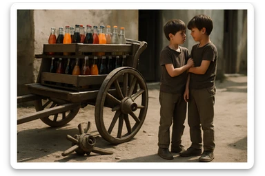 Bir g'ildiragi singan ichimliklar ortilgan arava uning yonida aka uka bir biriga havotirli nigoh bilan qarab turibdi realistik uslubda yuzi ko'rinmasin sticker