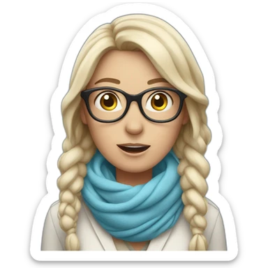 an astonished white woman with glasses and a sky-blue scarf tied around her face sticker