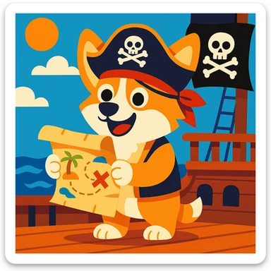 cartoon pirate corgi holding a treasure map on a pirate ship sticker