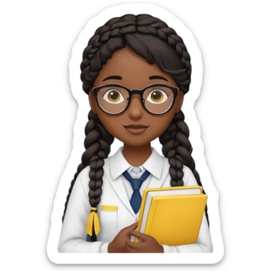 Girl student wearing uniform, glasses, hold yellow book in front of their chest, black braided hair, dark skin sticker