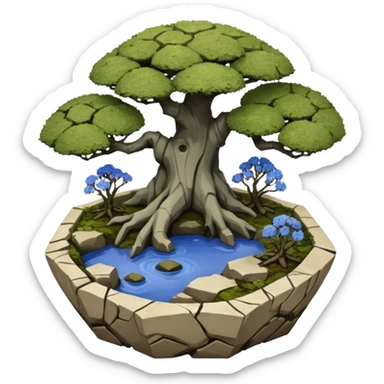 Bare Alien landscape mudman very old broken cracked intricate Stone Age rocky-crusted irregular dodecagon-shaped shallow dark moss rough bark blue willow flowered maple tree bonsai pot sticker