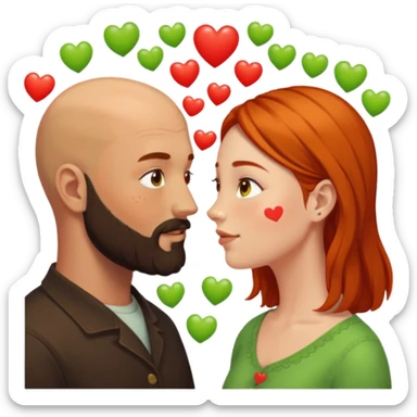 Couple. Bald man with dark brown-black beard. Woman with freckles, white skin and she has orange, auburn-yellow-brown hair. She has light yellow-green-brown eyes. He have hazel eyes. They look at each other. Many small red hearts around them. sticker