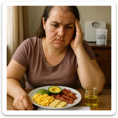 hyperrealistic 4K image of a woman with PCOS sitting at a table, frontal view, face with acne and chin hair, thinning hair, in a realistic domestic environment with natural light. In front of her a plate with typical ketogenic diet foods (scrambled eggs, avocado, bacon, cheese, olive oil) and a sheet with the clearly readable text 'DIETA CHETOGENICA'. She has an unsatisfied expression, one hand holding her head, skeptical look towards the plate. In the background a weighing scale and a package of supplements labeled 'INTEGRATORE CHETO'. sticker