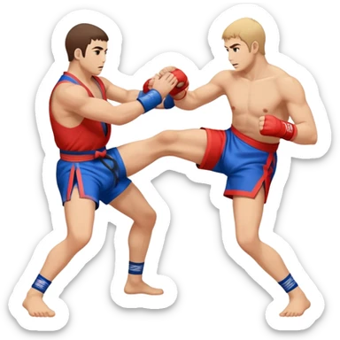 An icon symbolizing Sambo, featuring two fighters in blue and red kimonos with shorts and wrestling shoes. One executes a powerful throw, while the other attempts a defensive grab. The fighters are engaged in a grapple, using joint locks and sweeps.  sticker