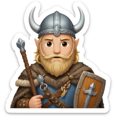 A tall Viking with braided blond beard, fur cloak, and heavy axe resting on his shoulder with horned helmet sticker