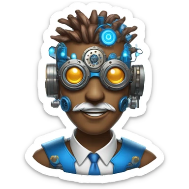 Brown cyborg head with blue Mohawk, blue beard, silver steampunk monocle goggles a smile and circuits sticker