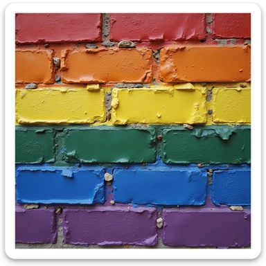 a realistic brick wall with each brick clearly shaped like a brick, each brick a different vibrant color from the LGBTQIA+ pride flag including red, orange, yellow, green, blue, purple, black, brown, pink, light blue, white, visually distinct and vibrant colors sticker