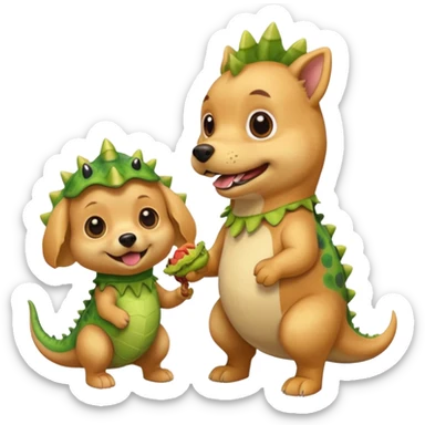 a golden retriever with a dinosaur costume thats eating a chihuahua thats in a dinosuar costume sticker