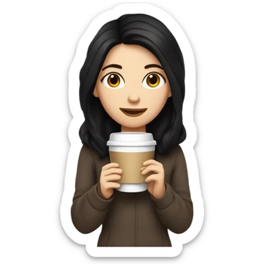 White girl with black hair in a cozy outfit sipping coffee sticker
